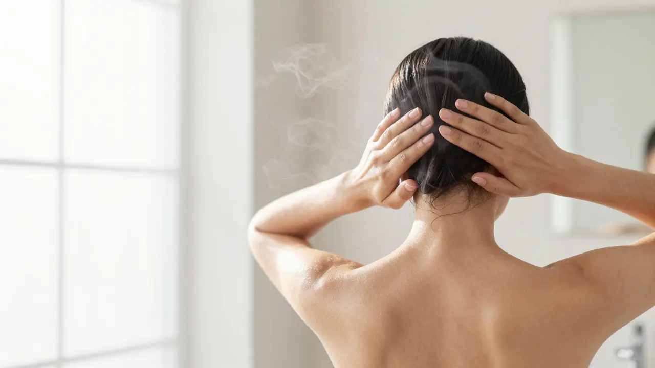 Personne pratiquant l'auto-massage ayurvédique au réveil dans une lumière douce.