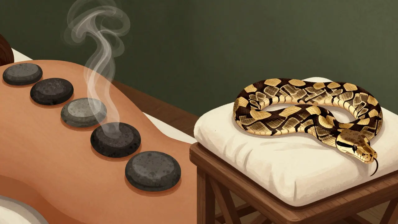 Comparaison visuelle entre pierres chaudes et massage aux serpents