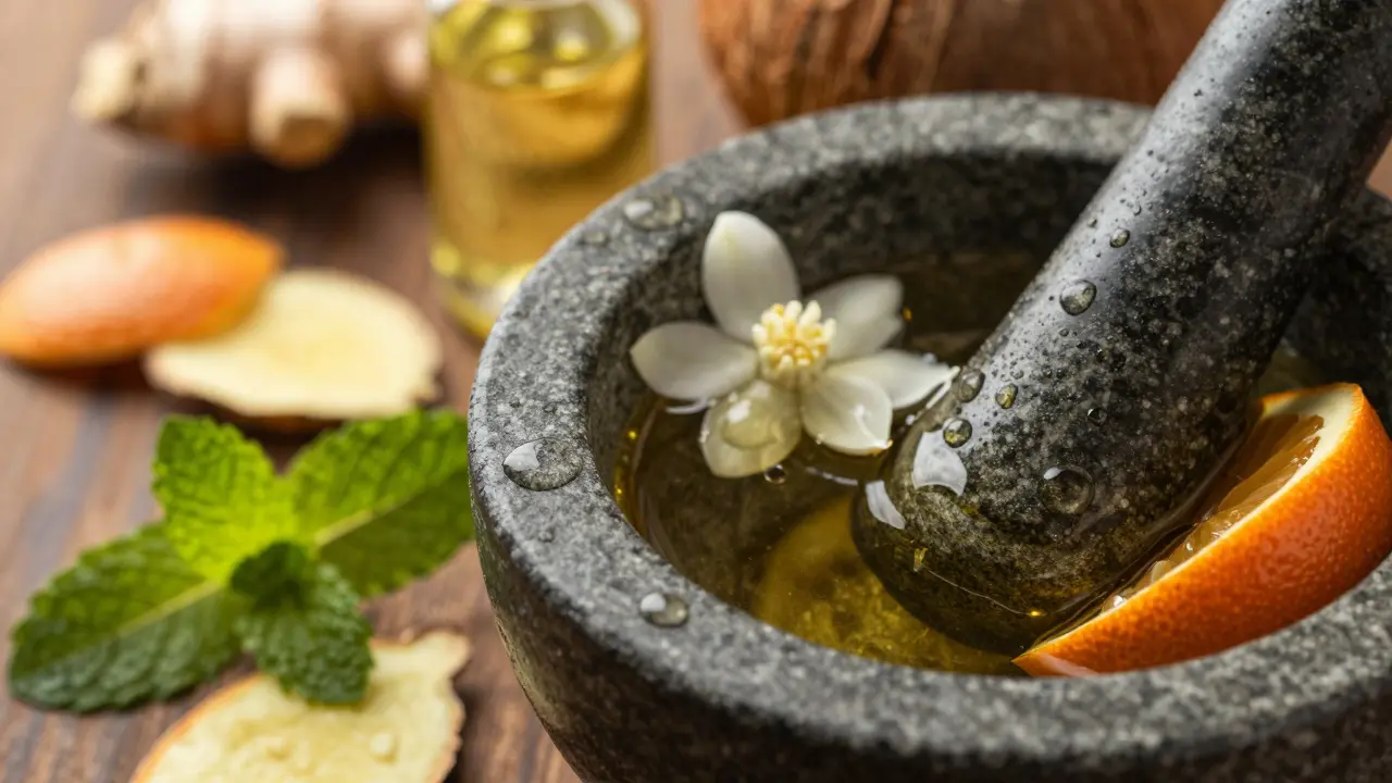 Gouttes d'huiles essentielles et herbes aromatiques sur fond bois