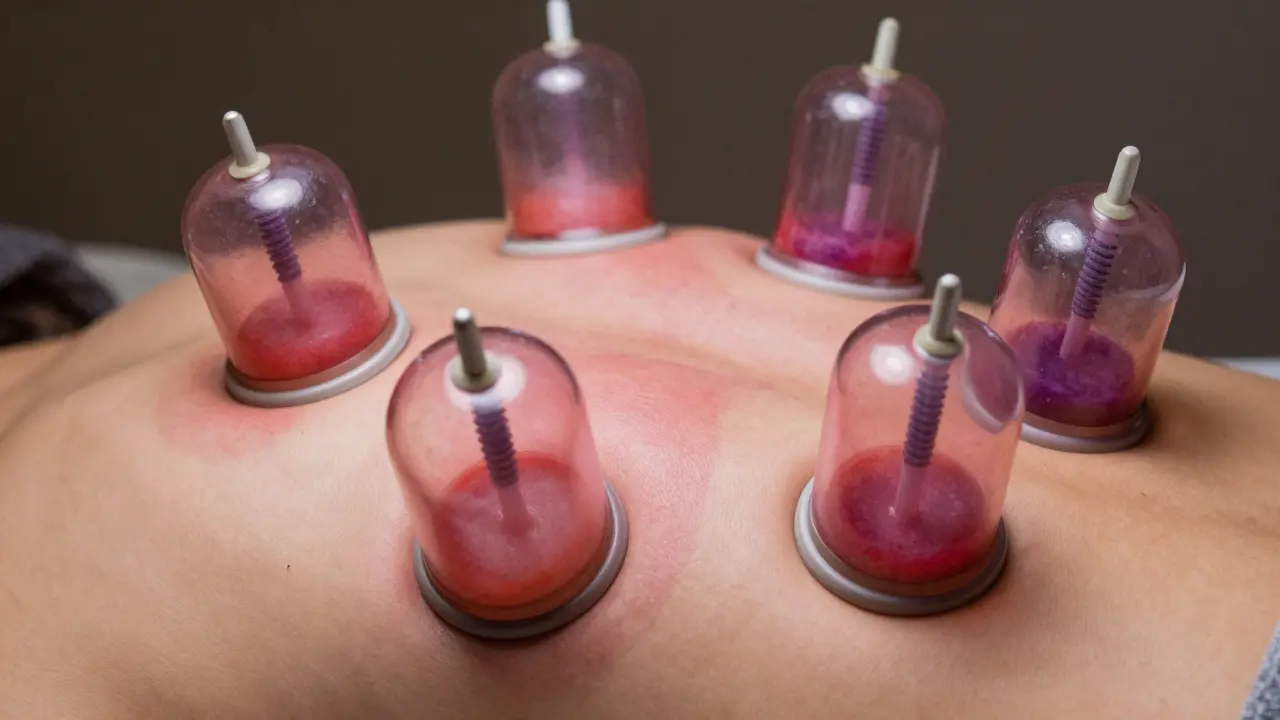 Marques de ventouses rouges et violettes sur la peau