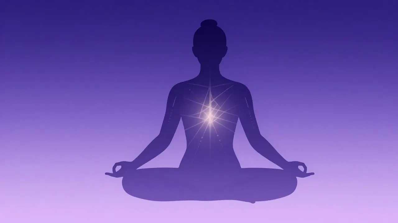 Silhouette en méditation avec lignes d'énergie lumineuses