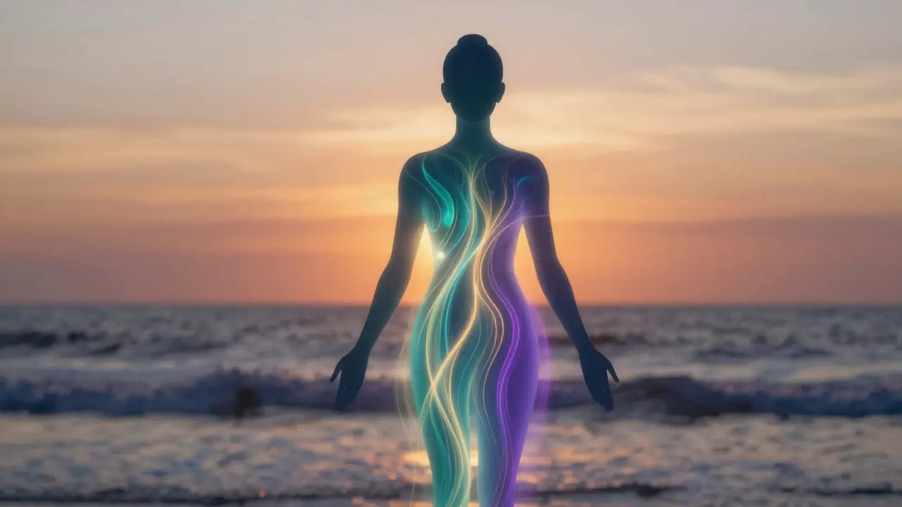 Silhouette humaine entourée de flux d'énergie lumineuse au coucher du soleil