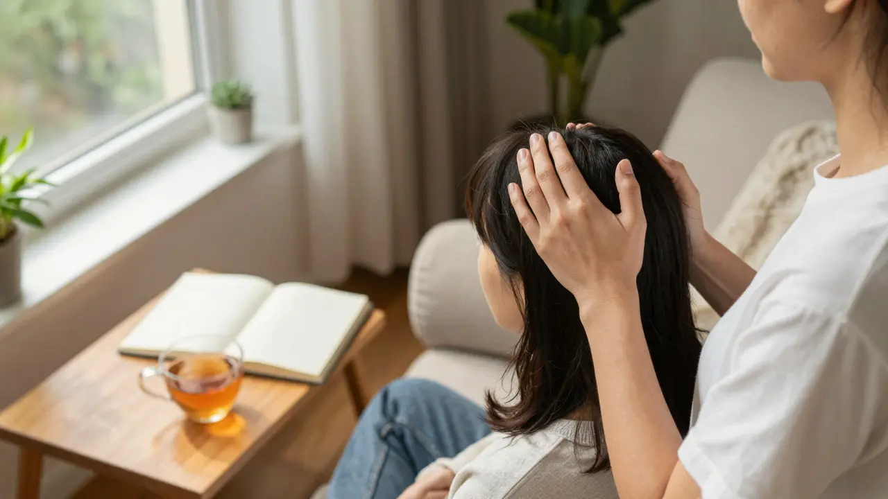 Femme pratiquant le Reiki sur elle-même dans un salon lumineux