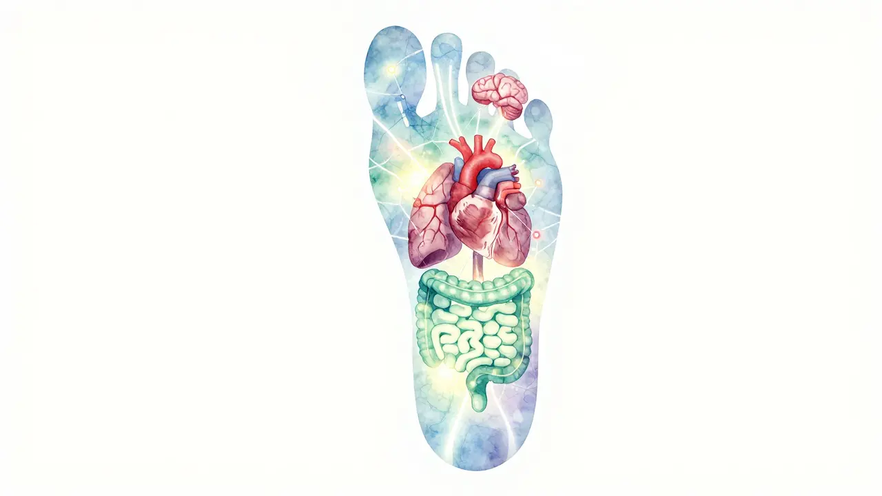 Illustration conceptuelle de la cartographie réflexologique du pied