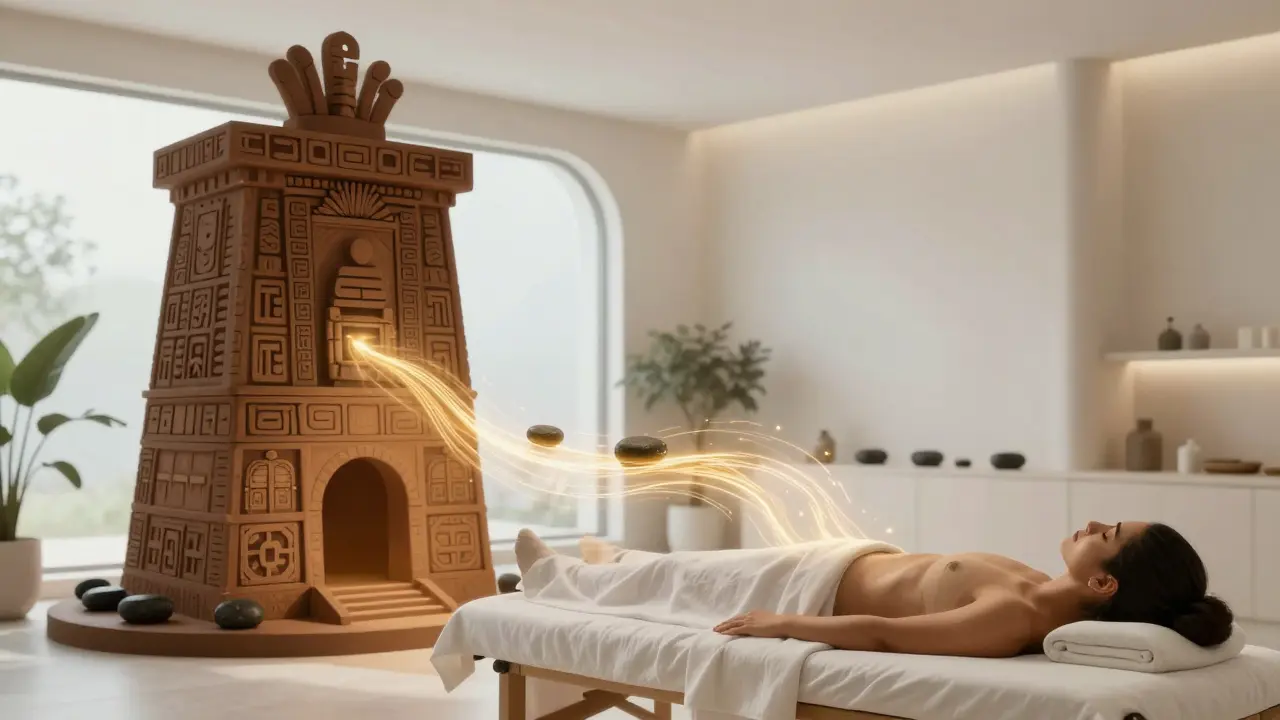 Illustration mêlant tradition aztèque et spa moderne pour le bien-être