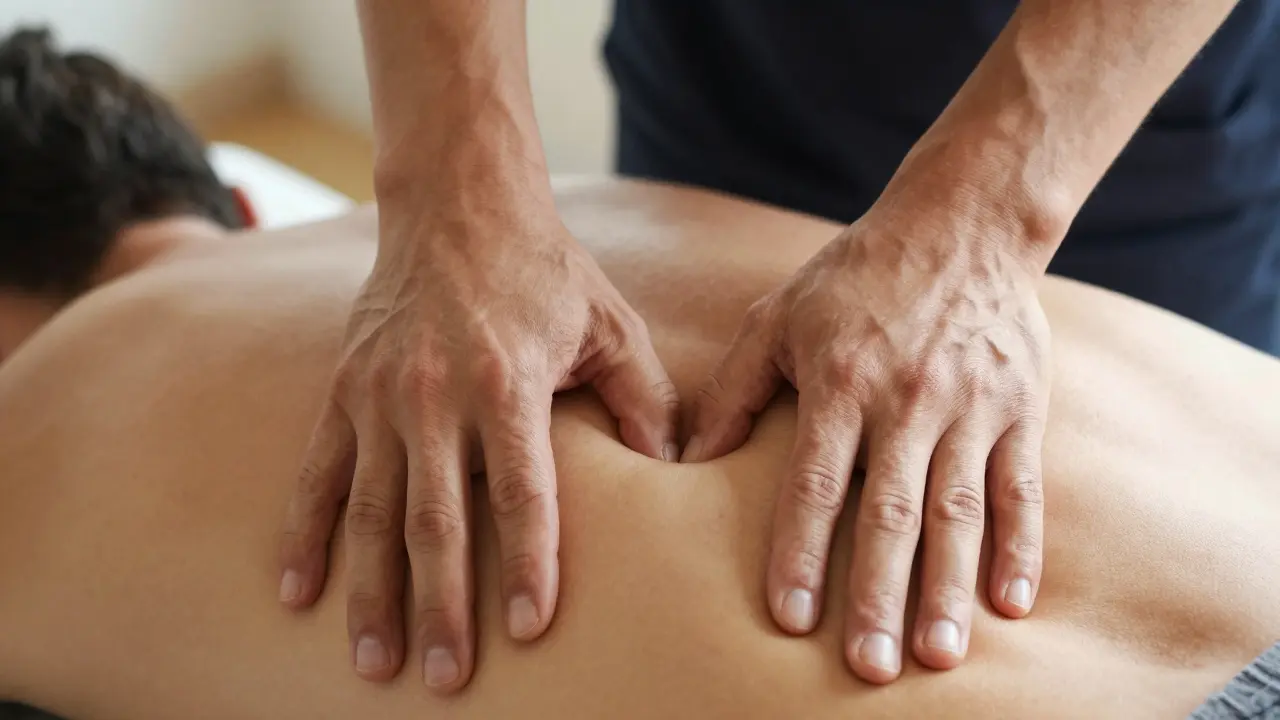 Mains appliquant une pression profonde sur un nœud musculaire du dos en thérapie
