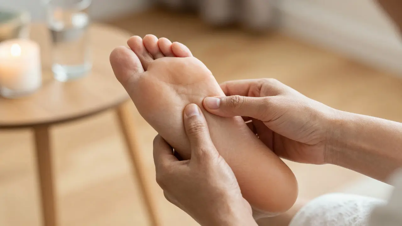 Mains pratiquant doucement la réflexologie sur un pied