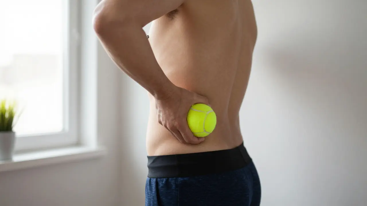 Personne utilisant une balle de tennis contre un mur pour l'autotraitement musculaire