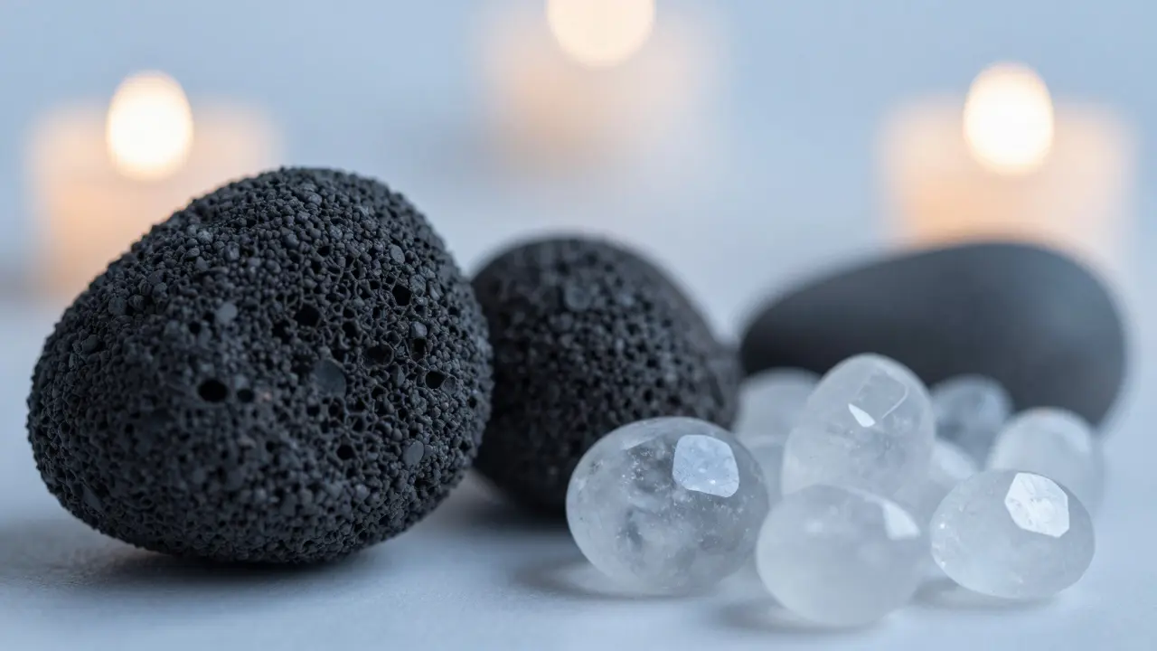 Pierres volcaniques et quartz contrastant chaleur et fraîcheur