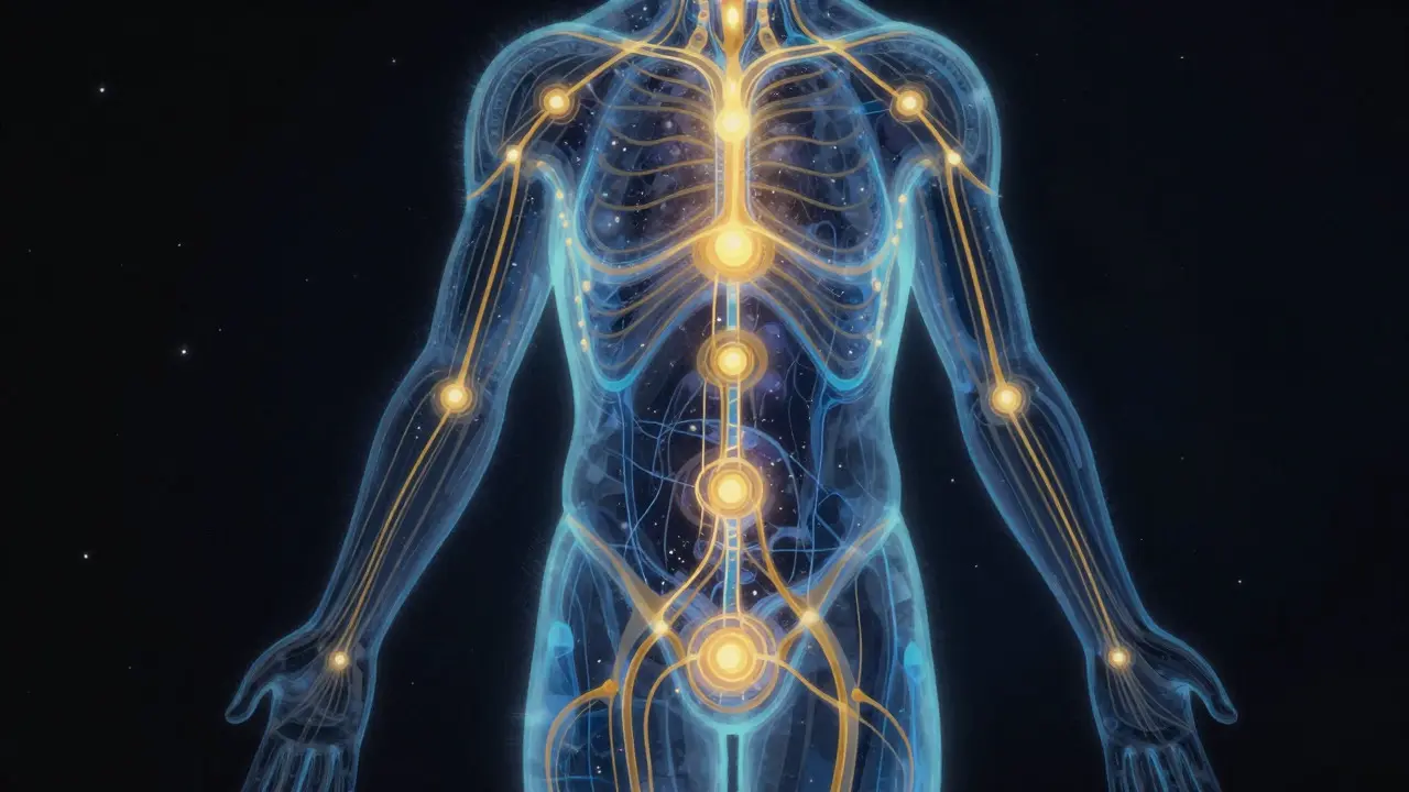 Silhouette humaine avec des flux d'énergie lumineuse à l'intérieur