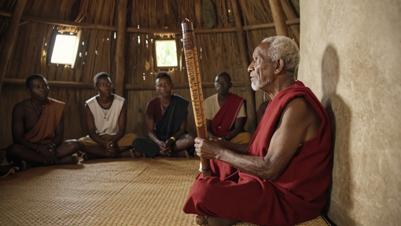 Aîné tenant un rungu à l'intérieur d'une case traditionnelle pendant une histoire
