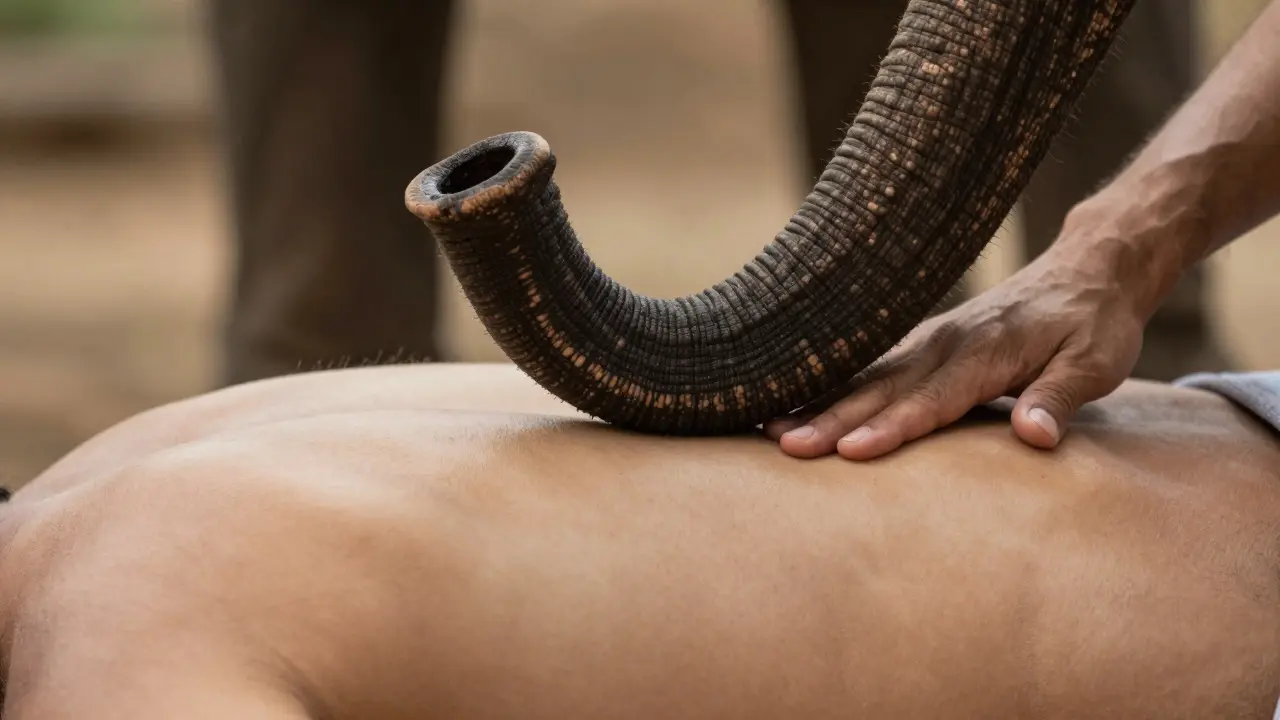 Gros plan sur la trompe d'un éléphant effectuant un massage doux sur le dos d'une personne