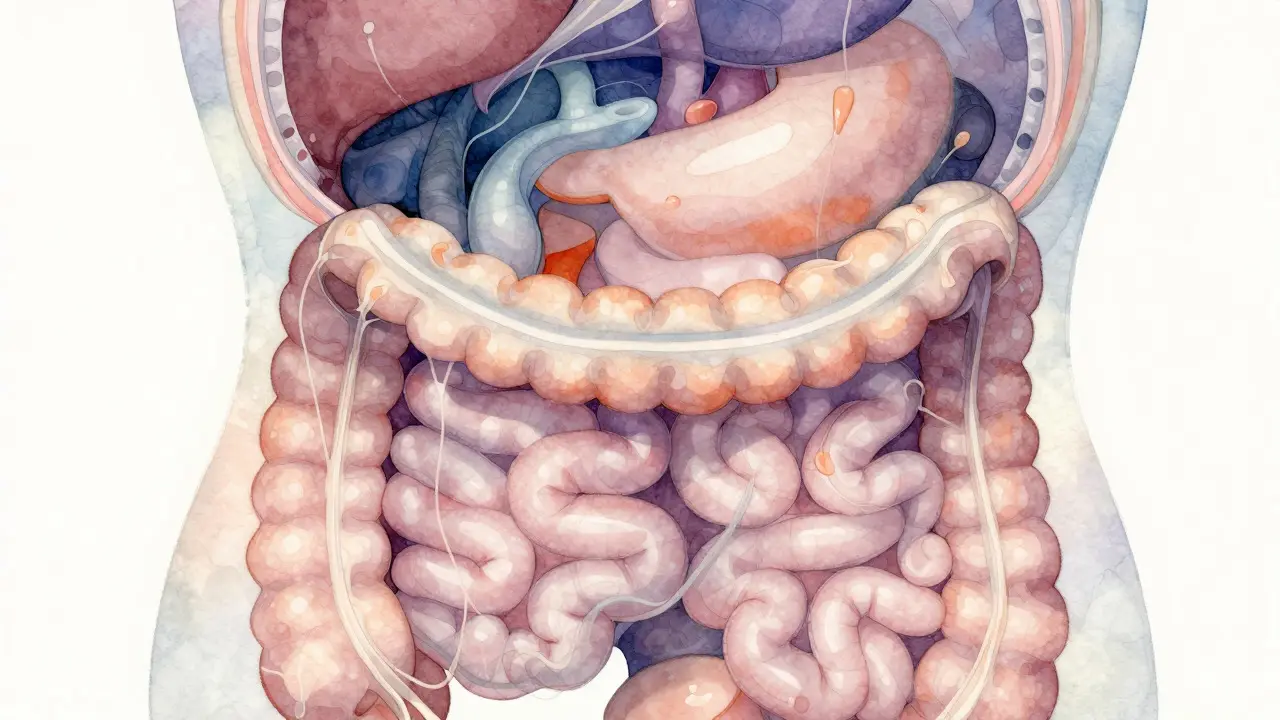 Illustration artistique des organes digestifs montrant un mouvement fluide et harmonieux