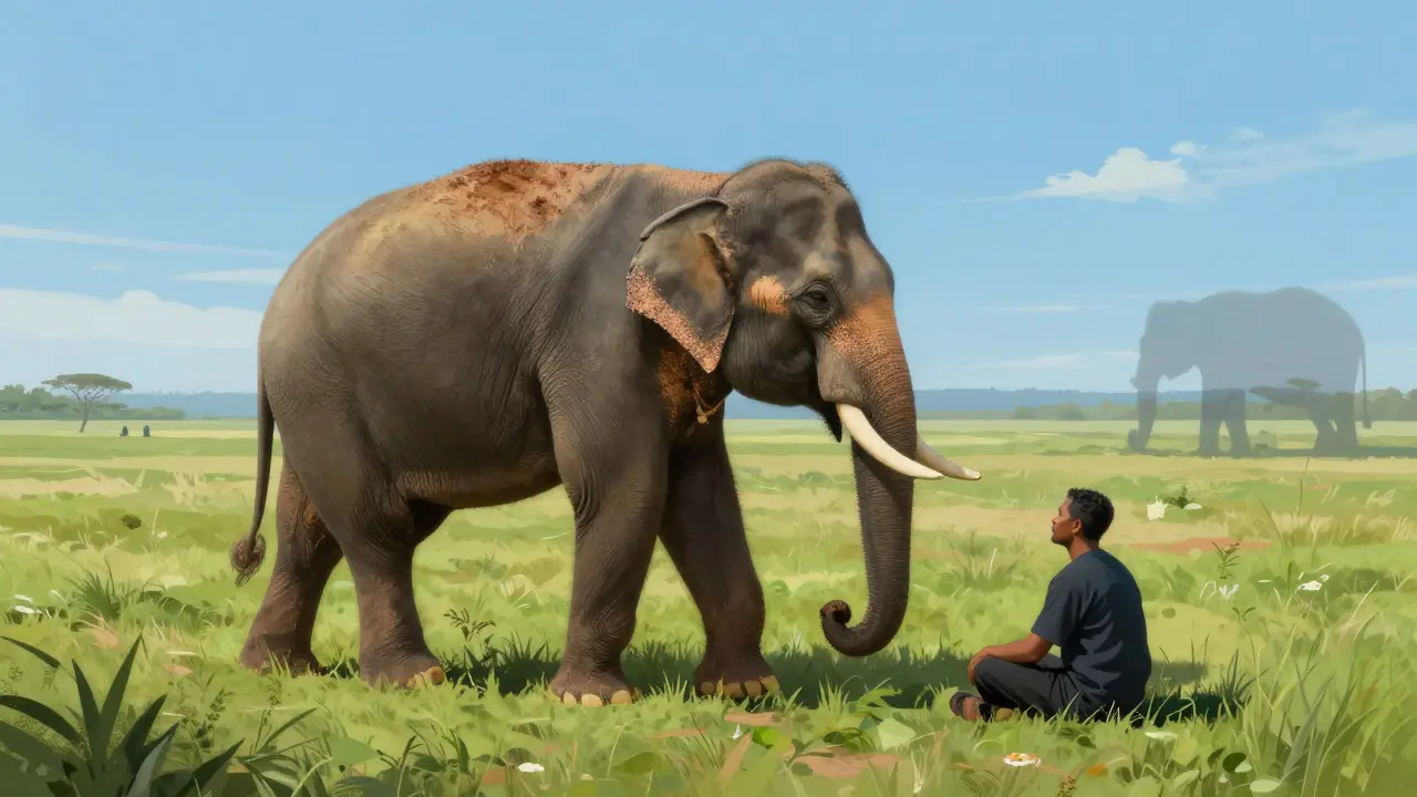 Illustration d'un éléphant libre en nature avec son mahout, symbolisant les sanctuaires éthiques