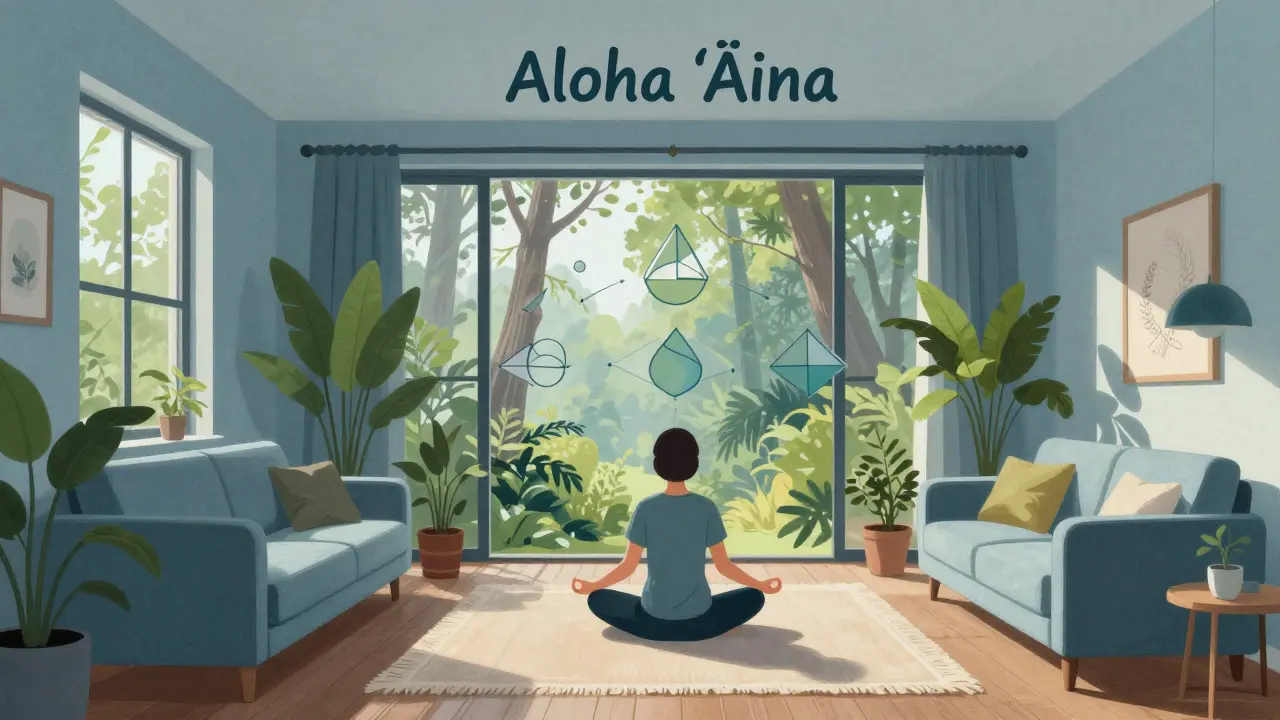 Salon moderne harmonieux avec plantes vertes et personne en méditation