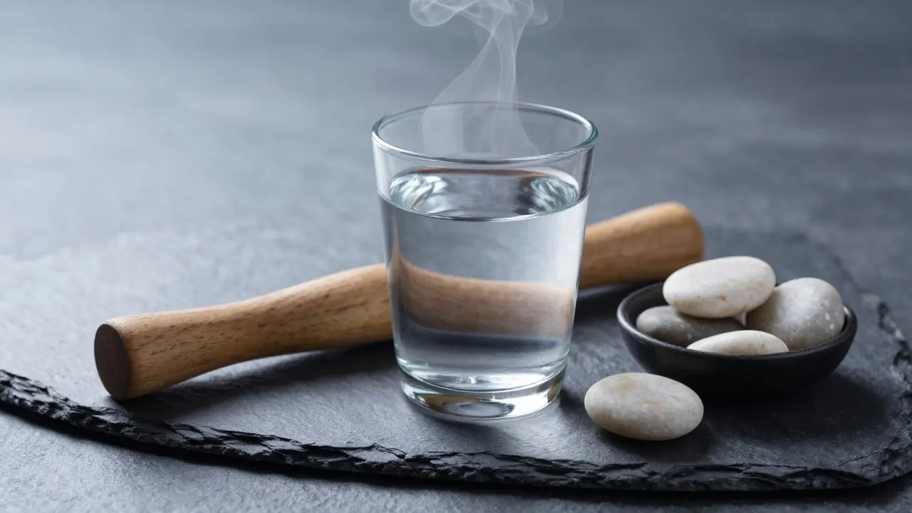 Verre d'eau, bâton de massage et pierres pour la récupération