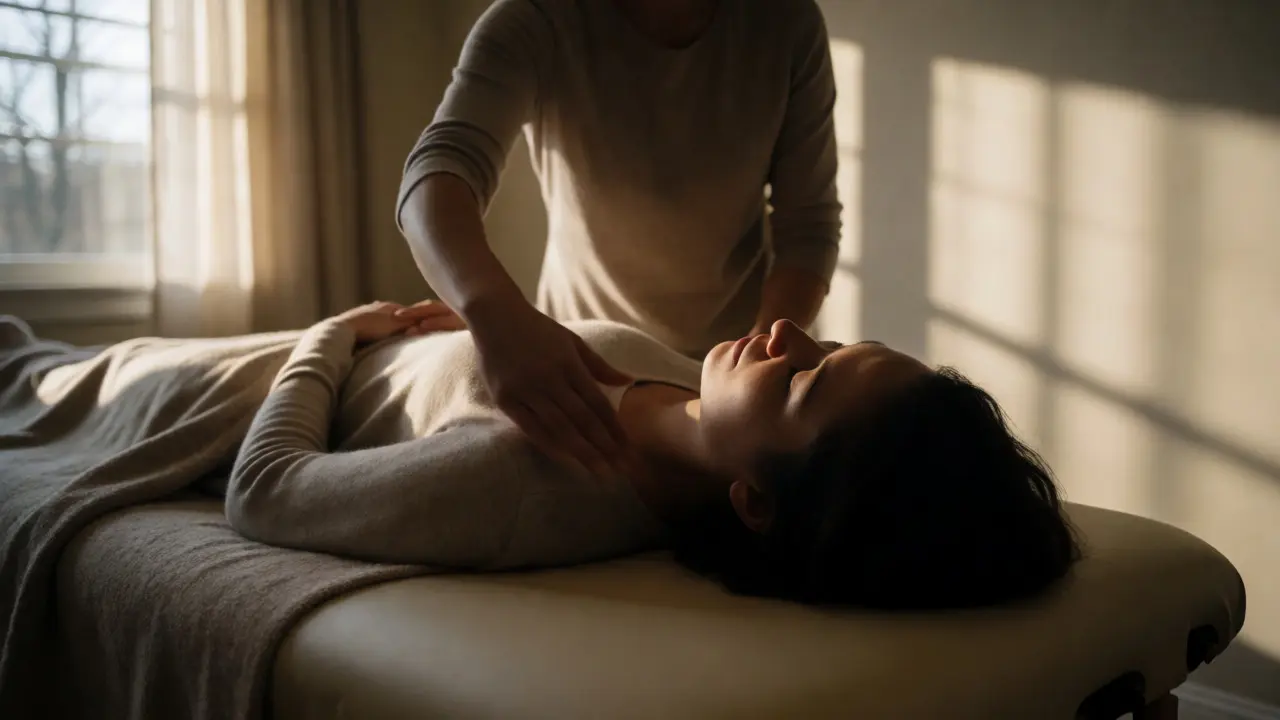 Client détendu sur une table de massage pendant une séance de thérapie Trager douce.