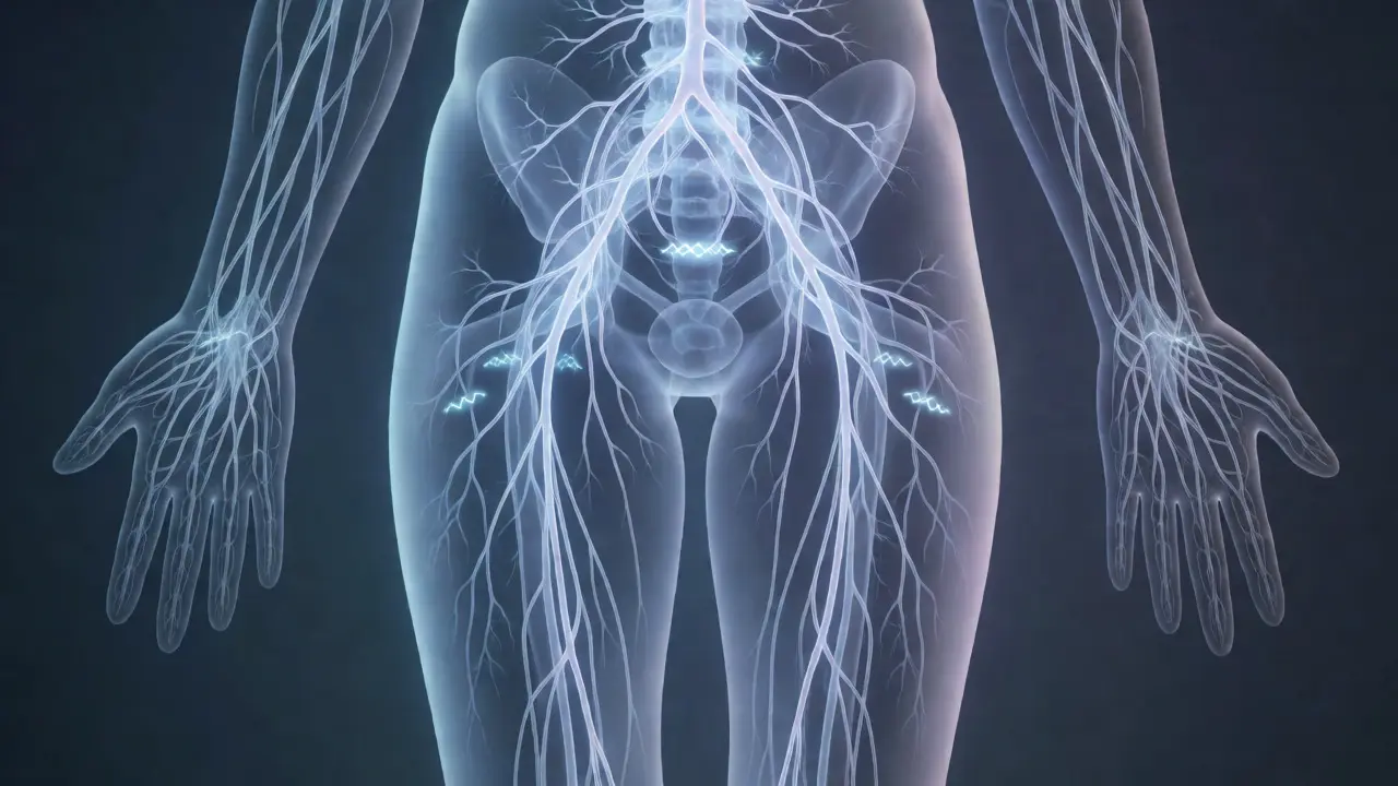 Visualisation abstraite du système nerveux avec des signaux lumineux représentant la détente musculaire.